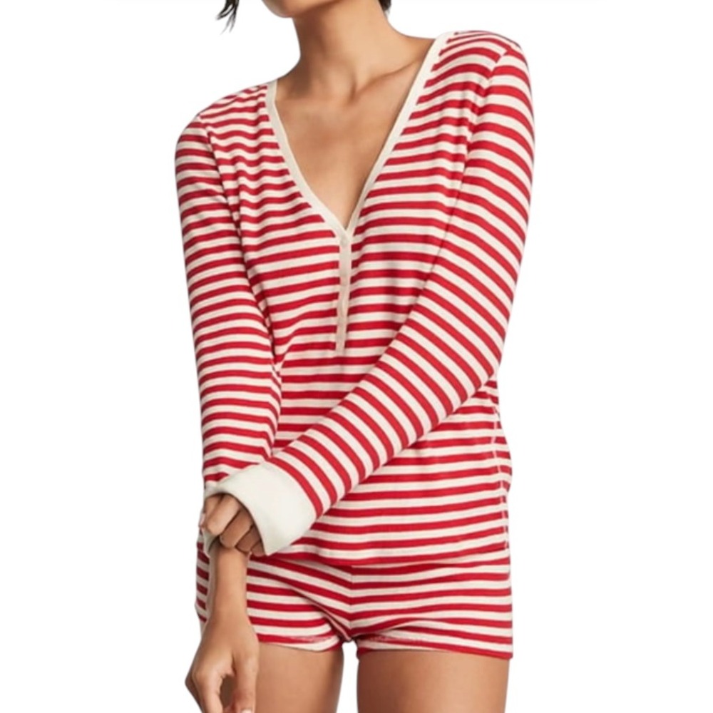 NWT Victoria's Secret RED/OFF-WHITE Thermal Pajamas Set HENLEY L/S & SHORTS sz S